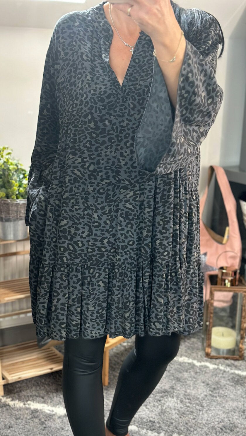 Made in Italy Black and Grey Small Leopard Sharp Digital Print Tiered Smock Dress, Shirt