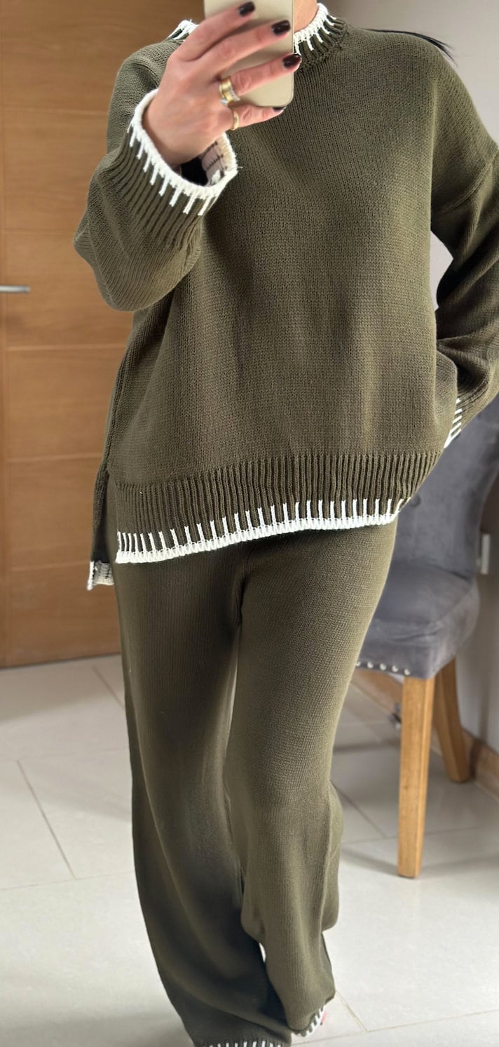 Made in Italy Khaki Thick Knitted With Border Detail Two Piece Co-Ord Set, Loungewear, Cosy Knitwear.