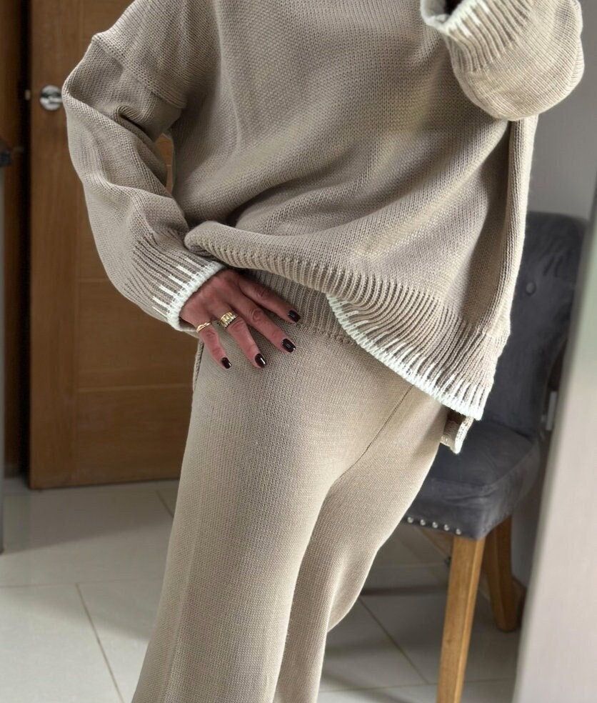 Made in Italy Beige Thick Knitted With Border Detail Two Piece Co-Ord Set, Loungewear, Cosy