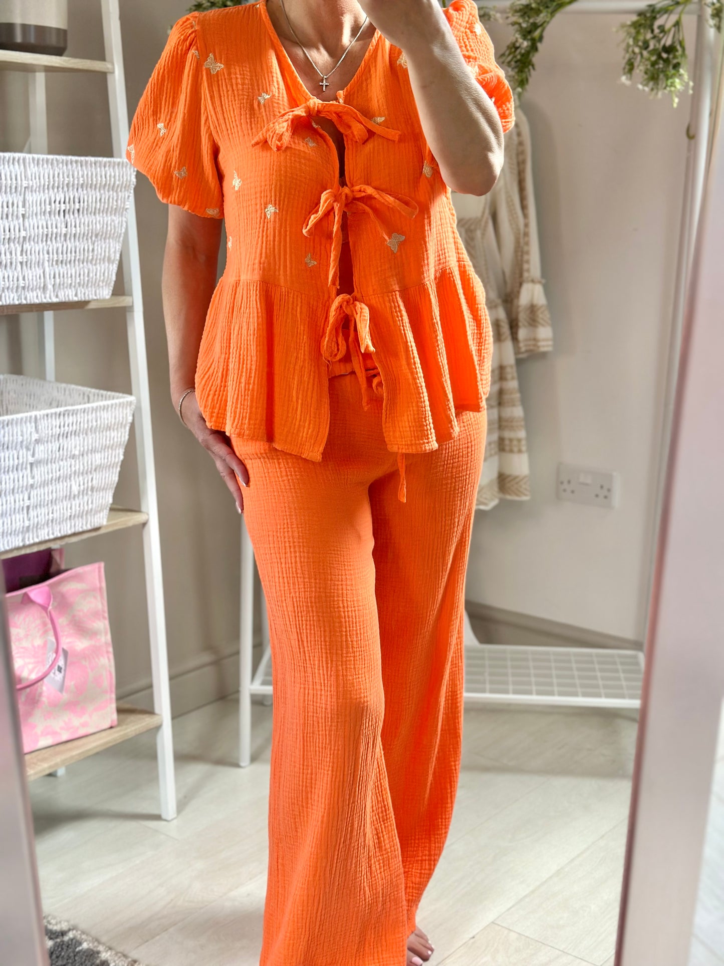 Made in Italy Cheesecloth Orange Gold Butterfly Two Piece Out-Fit