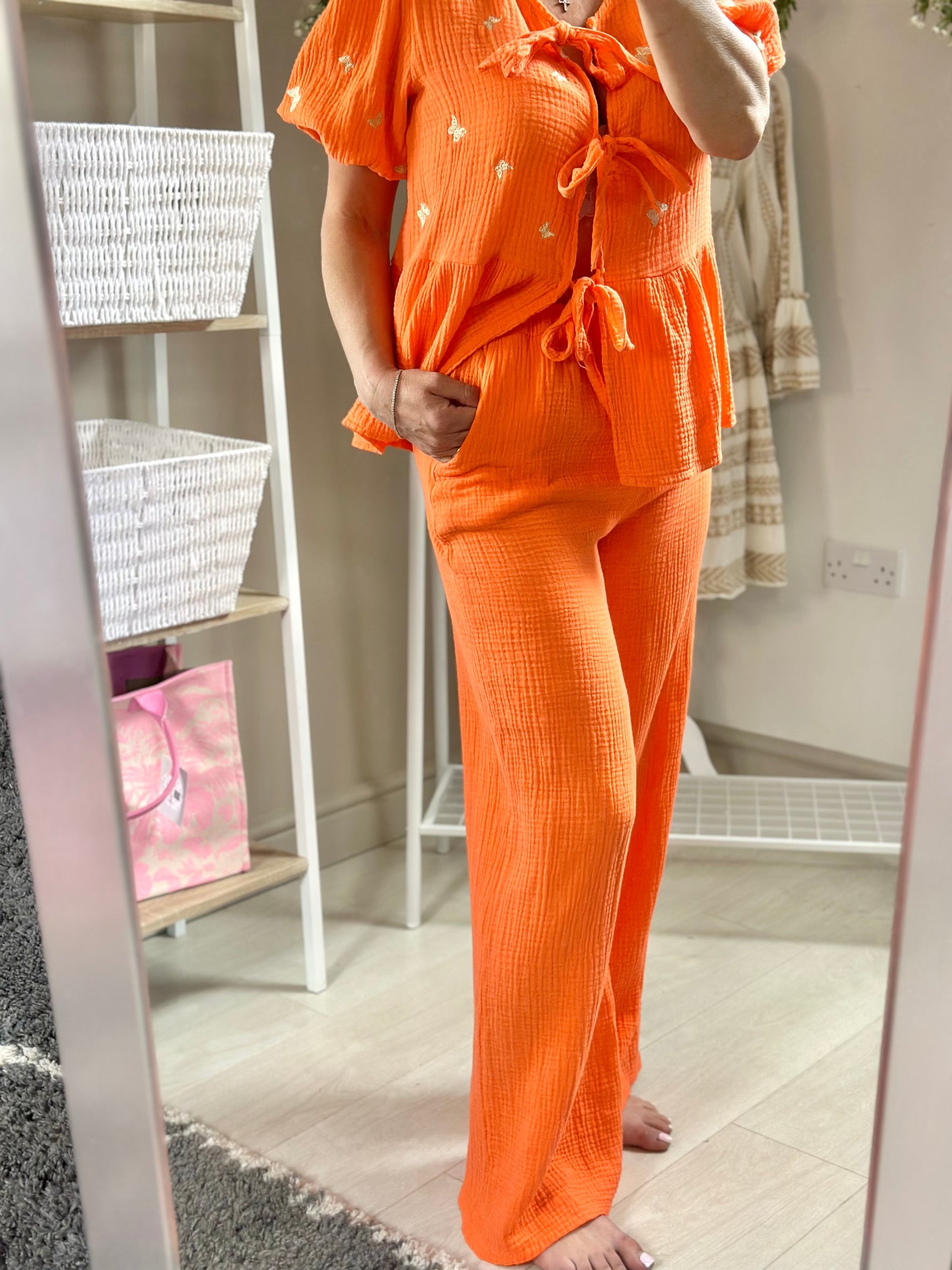 Made in Italy Cheesecloth Orange Gold Butterfly Two Piece Out-Fit