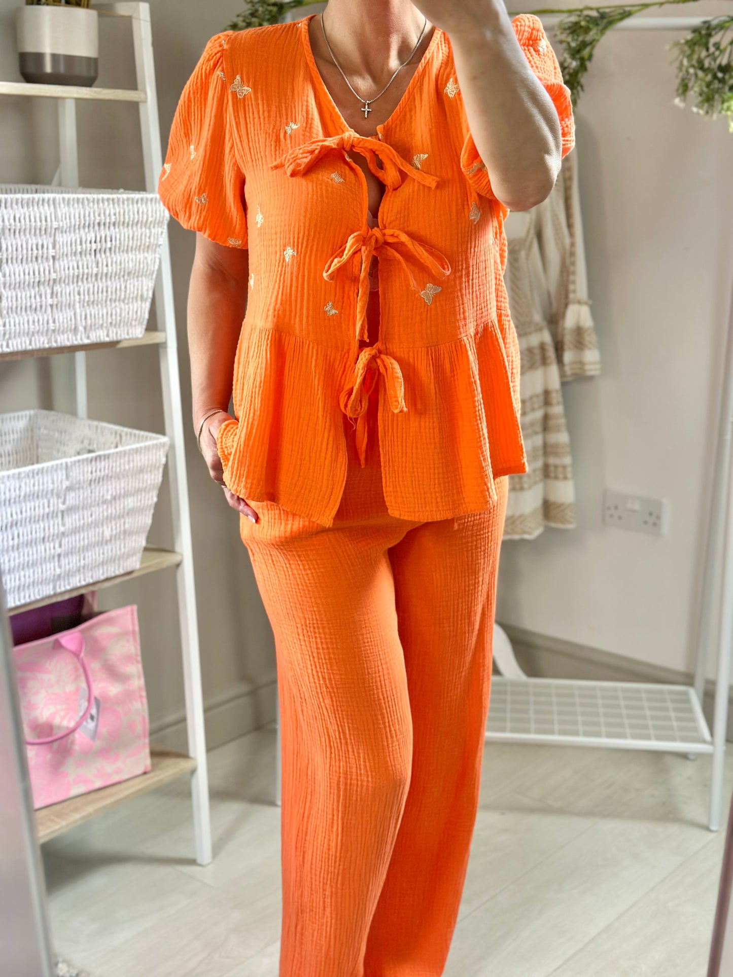 Made in Italy Cheesecloth Orange Gold Butterfly Two Piece Out-Fit