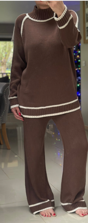 Made in Italy Brown Thick Knitted High Neck Border Detail Two Piece Co-Ord Set, Loungewear, Cosy Knitwear.