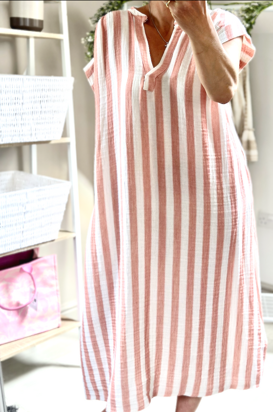 Made in Italy Pink and Beige Stripe V Neck Dress