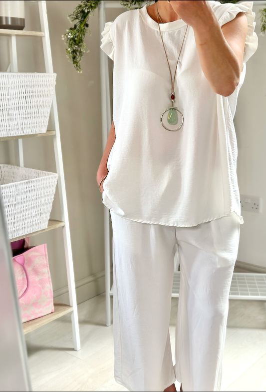 Made in Italy White Ruffle Sleeve Top Culotte Trouser Set, Co-Ord Set