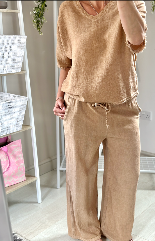 Made in Italy Tan Washed Linen Top.
