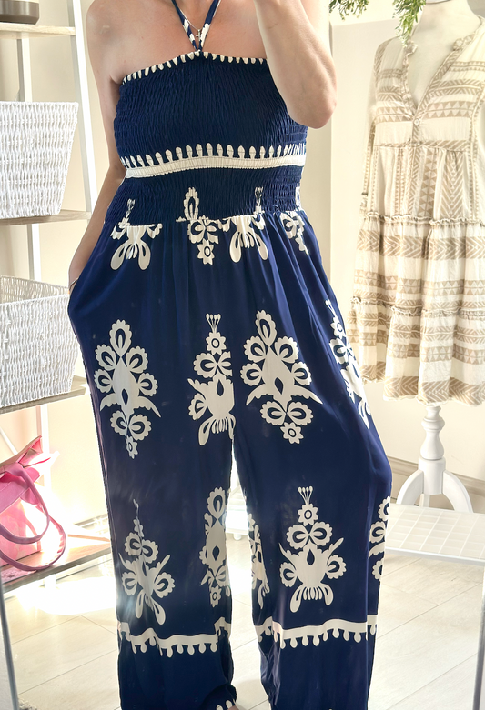Made in Italy Navy Wide Leg Shirred Bodice Bandeau Printed Jumpsuit