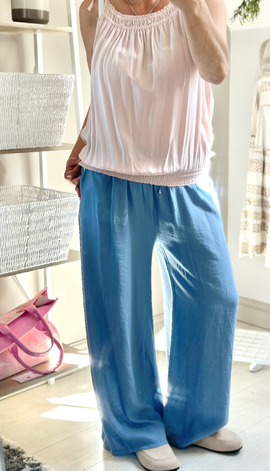 Made in Italy Denim Wide Leg Pocket Drawstring Trousers