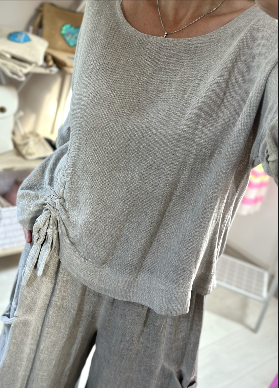 Made in Italy Mocha Ruched Tie Washed Linen Top