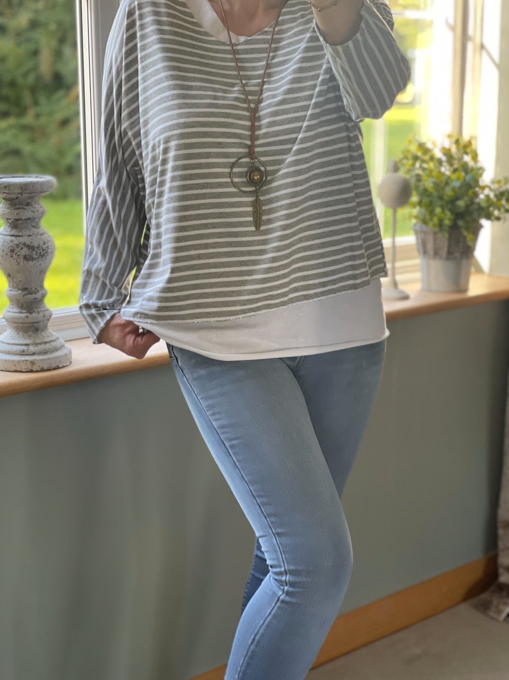 Made in Italy Grey and White Striped 2 in 1 Top with Necklace