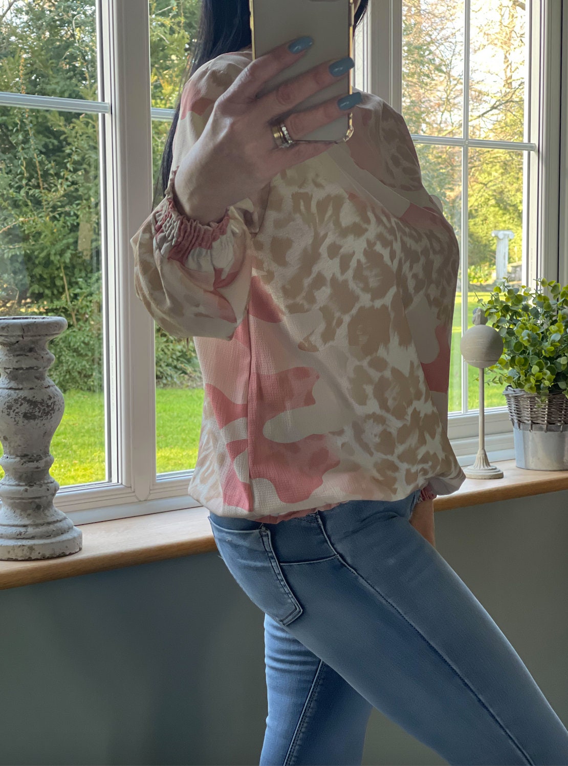 Made in Italy Beige and Dusky Pink Patterend k High Neck Blouse