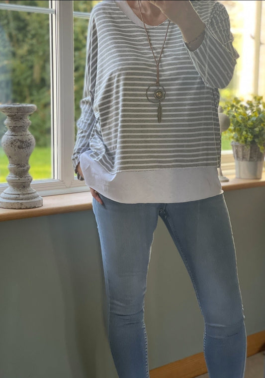 Made in Italy Grey and White Striped 2 in 1 Top with Necklace