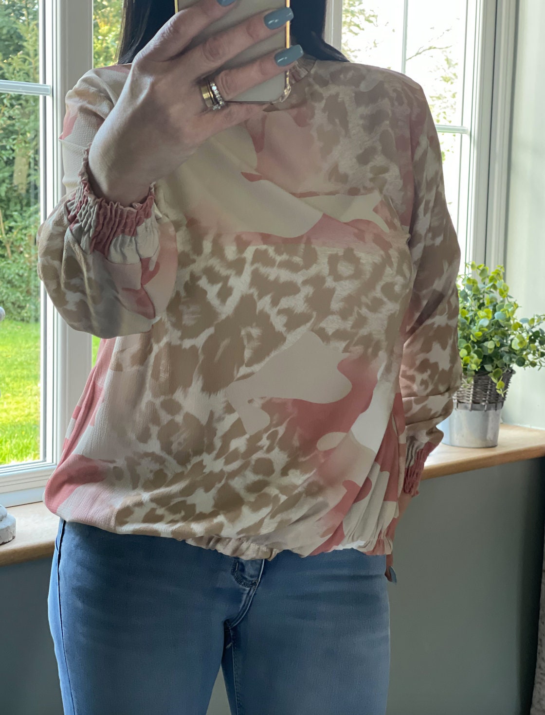 Made in Italy Beige and Dusky Pink Patterend k High Neck Blouse