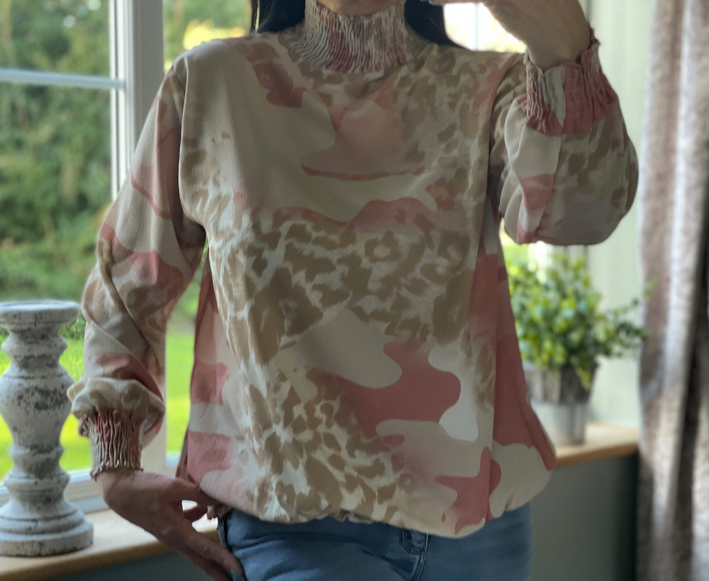 Made in Italy Beige and Dusky Pink Patterend k High Neck Blouse