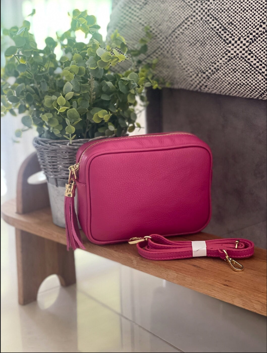 Made in Italy Fuchsia GOLD Hardware Side Tassel Leather Camera Bag Crossbody Bag Handbag Crossbody Strap