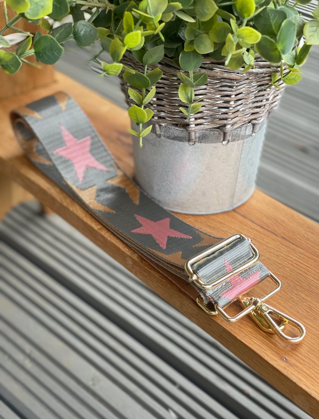 Grey and Pink Star Handbag Straps, Detachable Bag Strap, Crossbody Long Strap, GOLD hardware Clip On Bag Strap