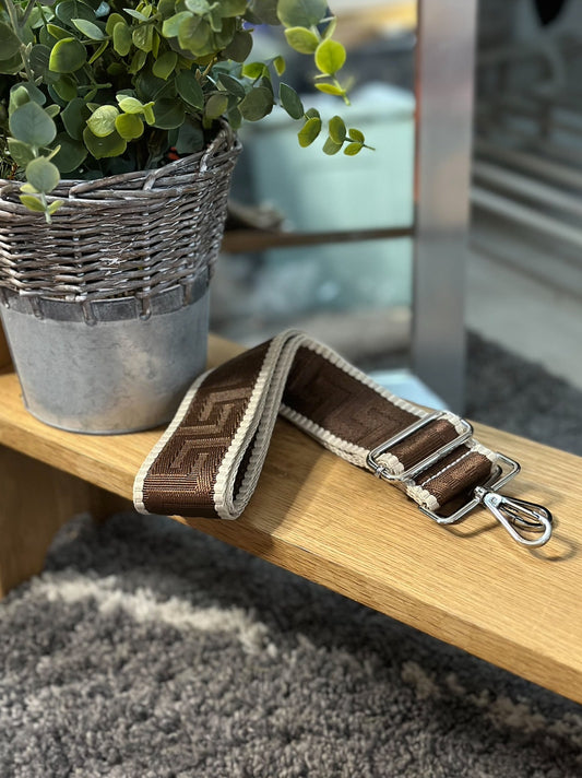 Maze Brown Patterned Handbag Straps, Detachable Bag Strap, Crossbody Long Strap, Clip On Bag Strap