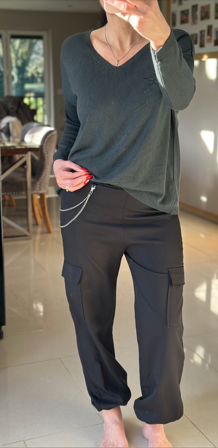 Made in Italy Black Satin Feel Chain Detail Cargo Trousers, Trousers