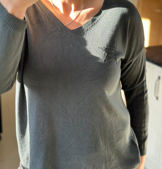 Made in Italy Grey V Neck Star Super Soft Jumper, Sweatshirt, Pullover