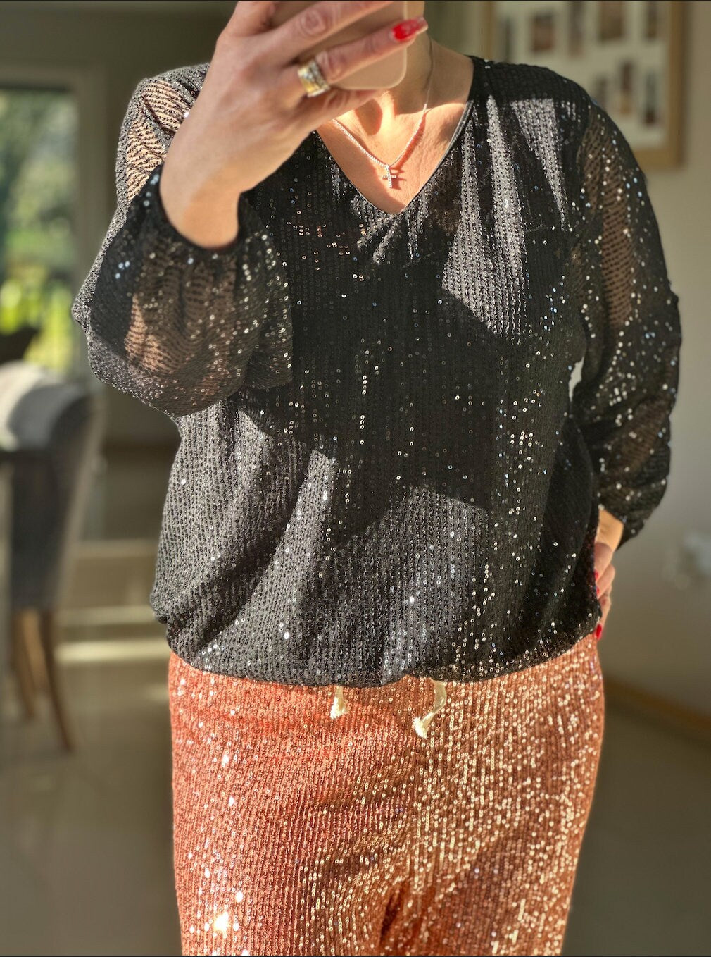 Made in Italy Black Sparkly V Neck Sheer Sleeve Blouse, Top
