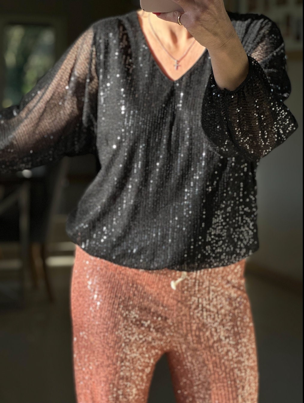 Made in Italy Black Sparkly V Neck Sheer Sleeve Blouse, Top