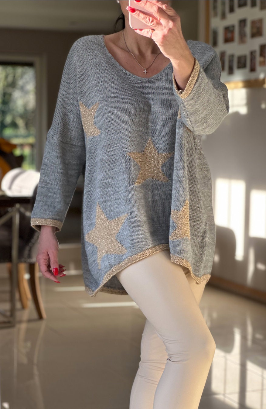 Made in Italy Grey and Gold V Neck Knitted Star Jumper, Metallic Star & Hem Knitted Pullover