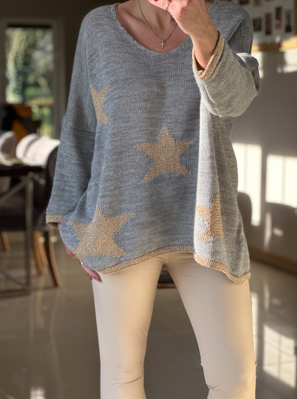Made in Italy Grey and Gold V Neck Knitted Star Jumper, Metallic Star & Hem Knitted Pullover
