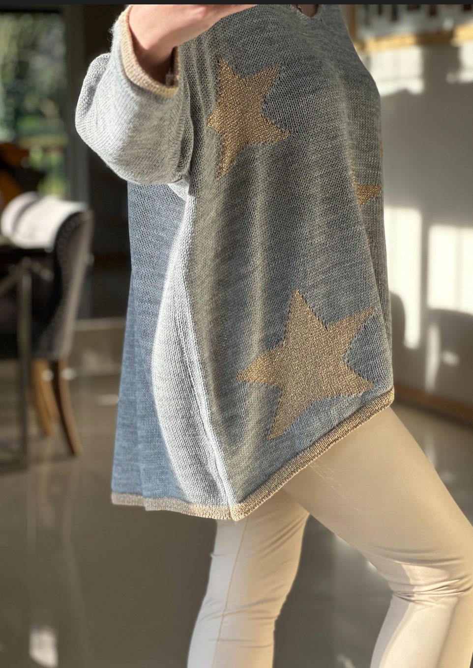 Made in Italy Grey and Gold V Neck Knitted Star Jumper, Metallic Star & Hem Knitted Pullover