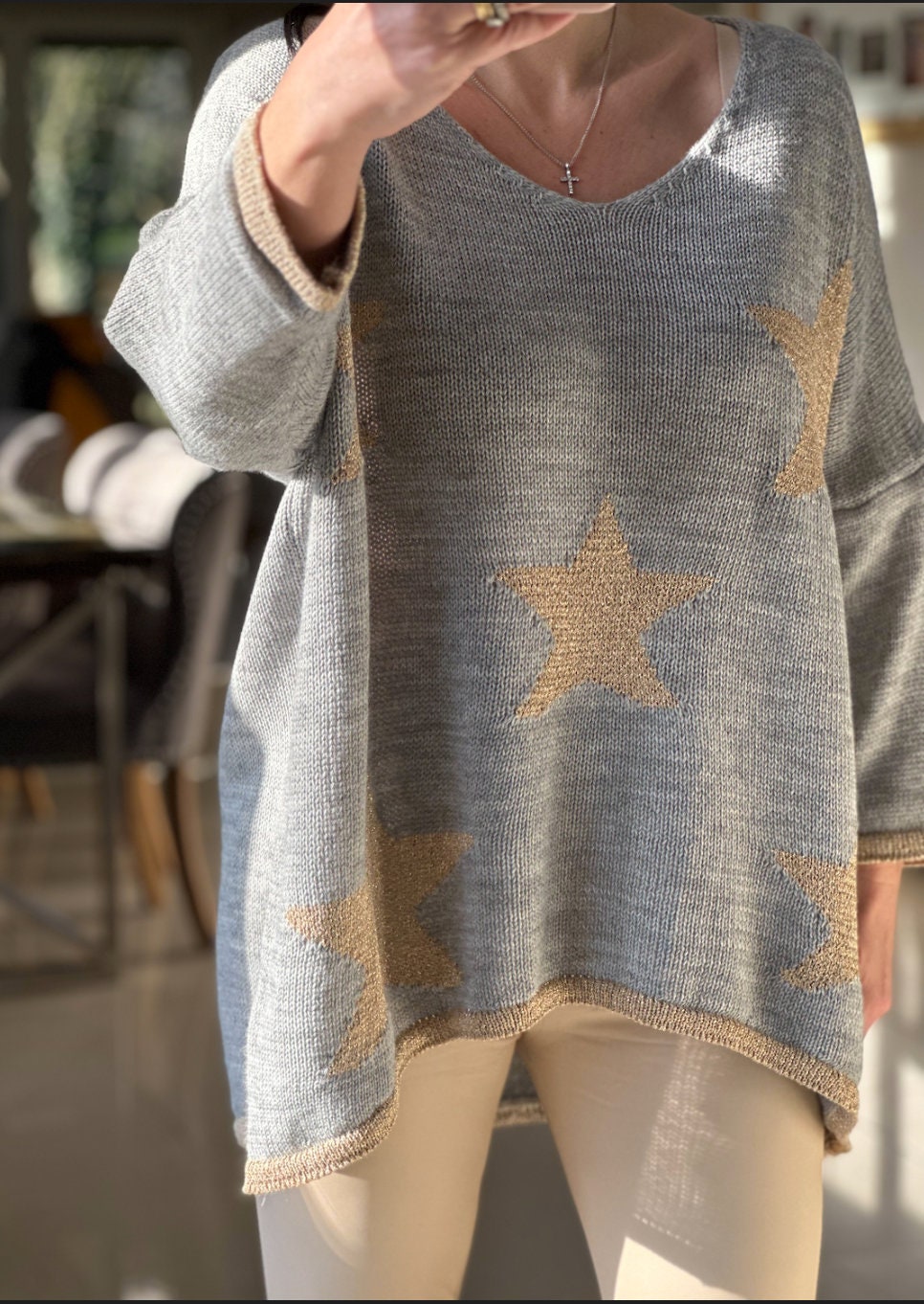 Made in Italy Grey and Gold V Neck Knitted Star Jumper, Metallic Star & Hem Knitted Pullover