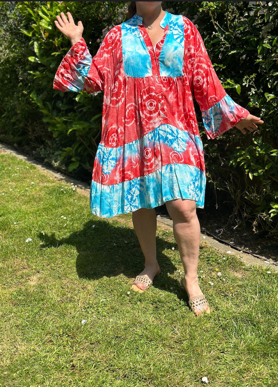 Plus Size Red and Blue Made in Italy Italian Tie Dye Print Tiered Dress, Tunic, Midi Smock Dress