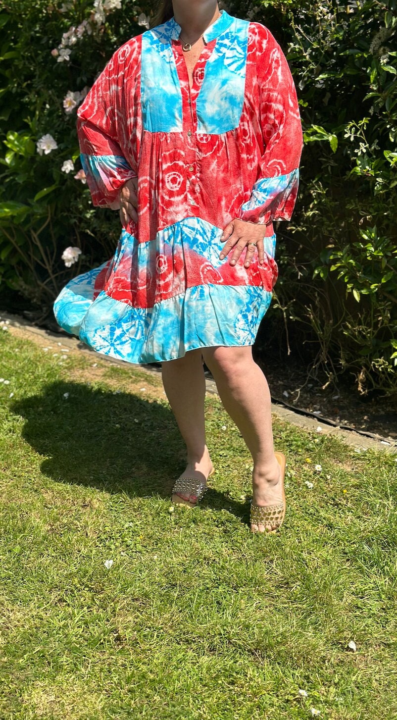 Plus Size Red and Blue Made in Italy Italian Tie Dye Print Tiered Dress, Tunic, Midi Smock Dress