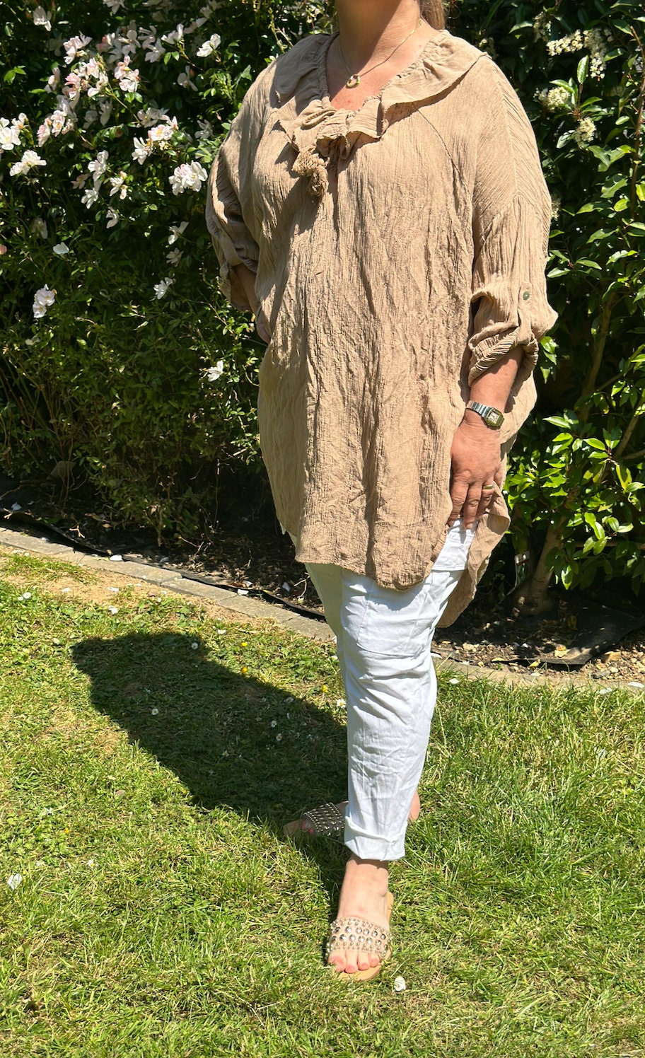 Plus Size Made in Italy Italian Shimmer Frill Neck Dip Hem Tunic, Top, Blouse