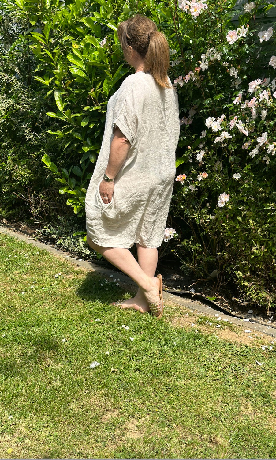 Curve Made in Italy Beige Lagenlook Linen Plain Baggy Tunic Top, Dress