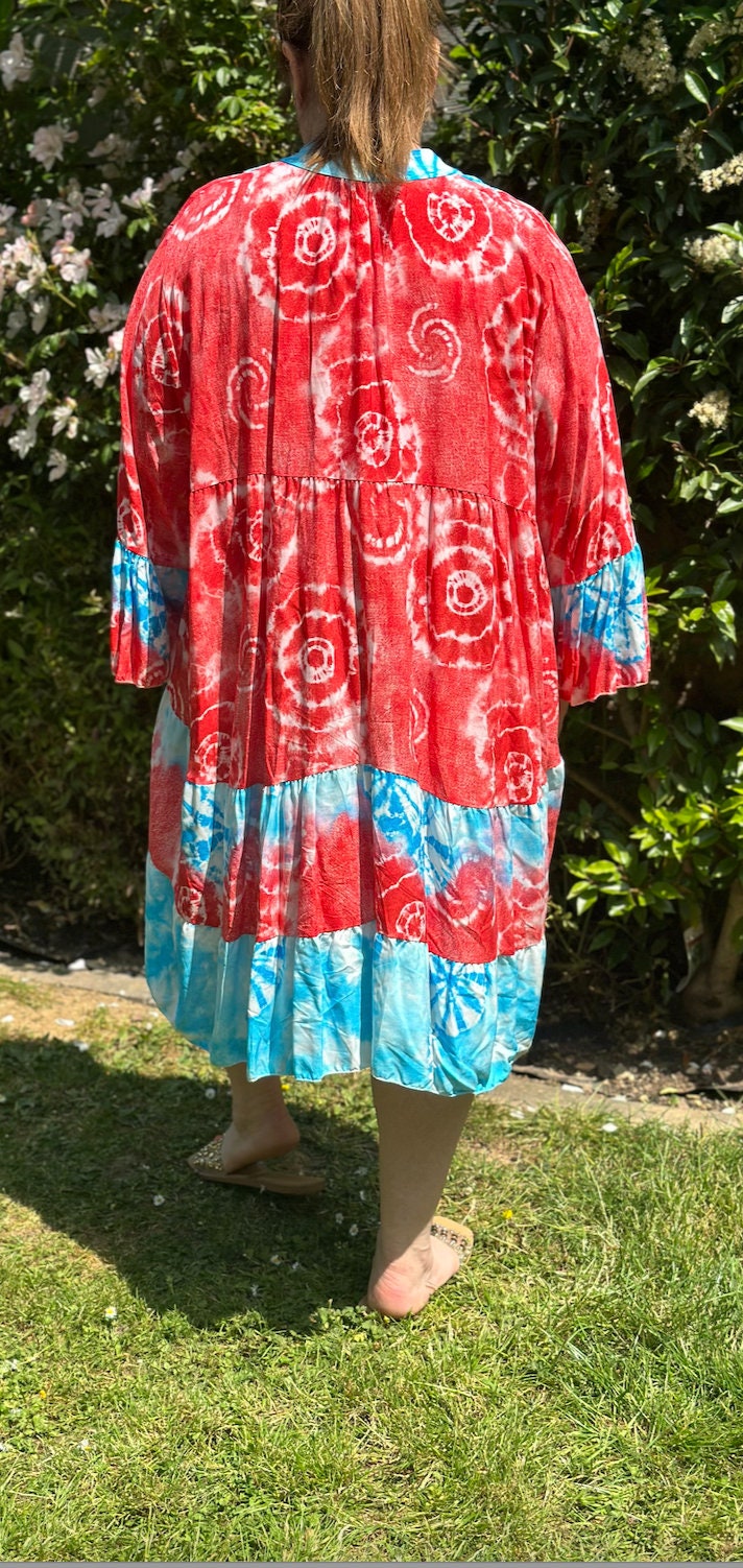 Plus Size Red and Blue Made in Italy Italian Tie Dye Print Tiered Dress, Tunic, Midi Smock Dress
