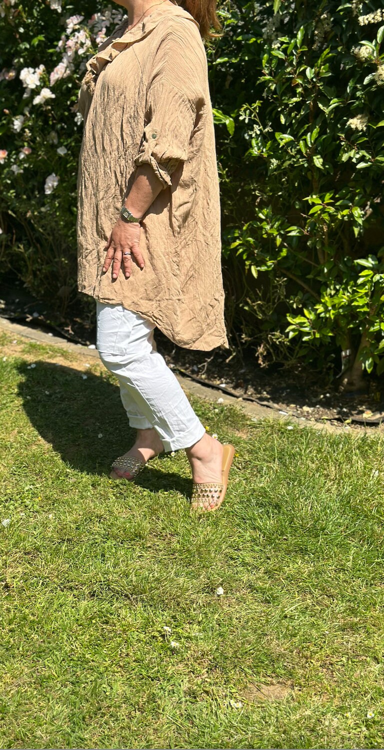 Plus Size Made in Italy Italian Shimmer Frill Neck Dip Hem Tunic, Top, Blouse