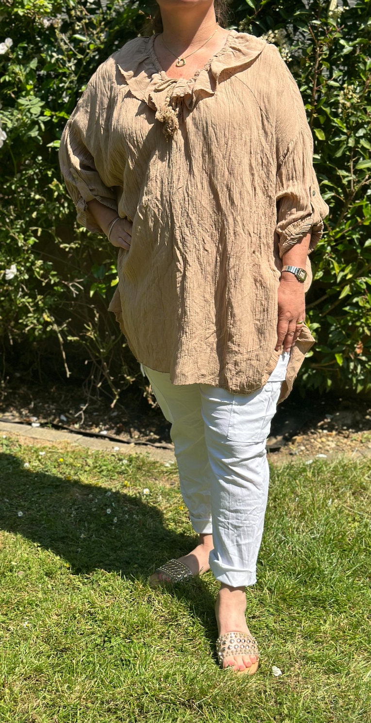 Plus Size Made in Italy Italian Shimmer Frill Neck Dip Hem Tunic, Top, Blouse