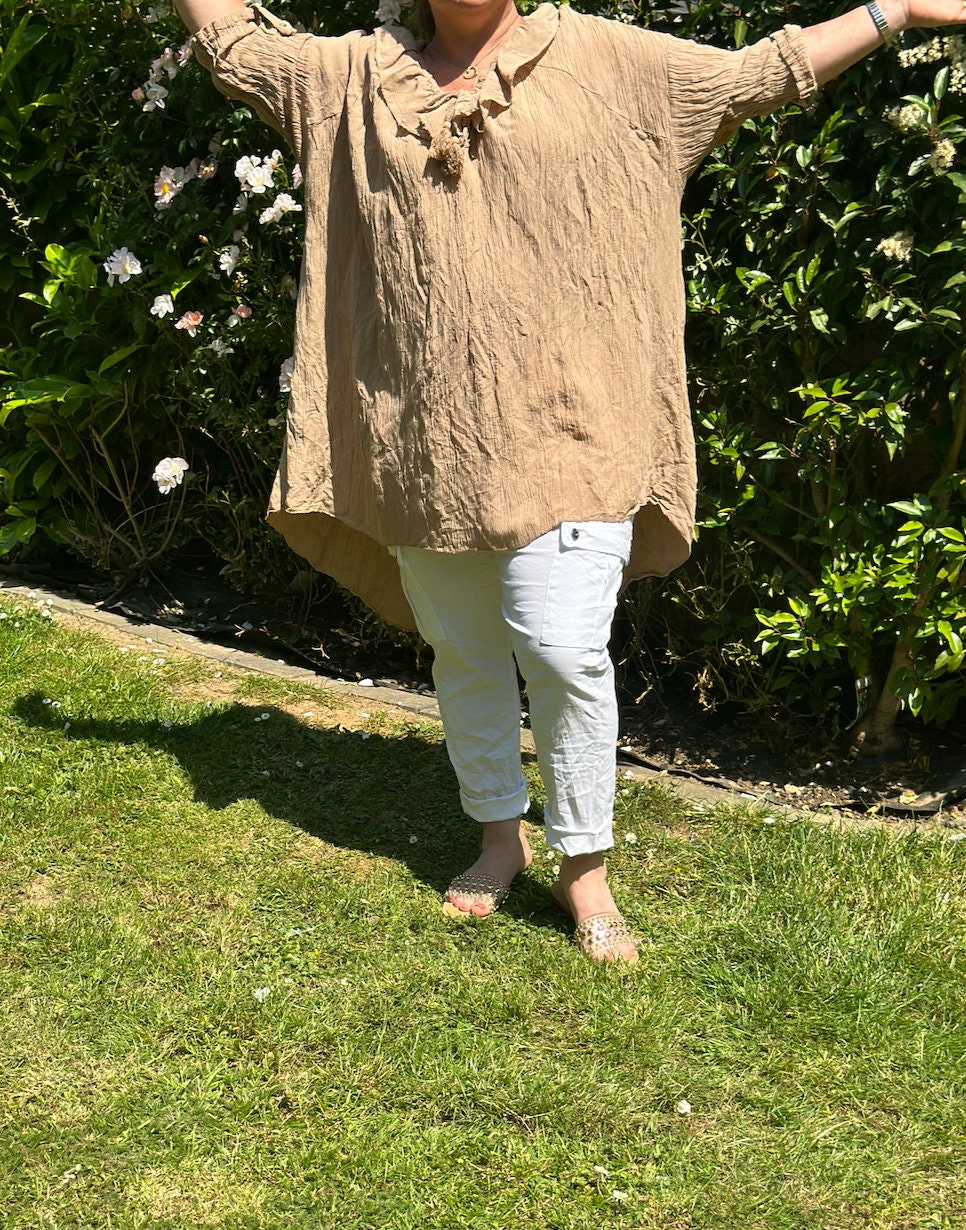 Plus Size Made in Italy Italian Shimmer Frill Neck Dip Hem Tunic, Top, Blouse