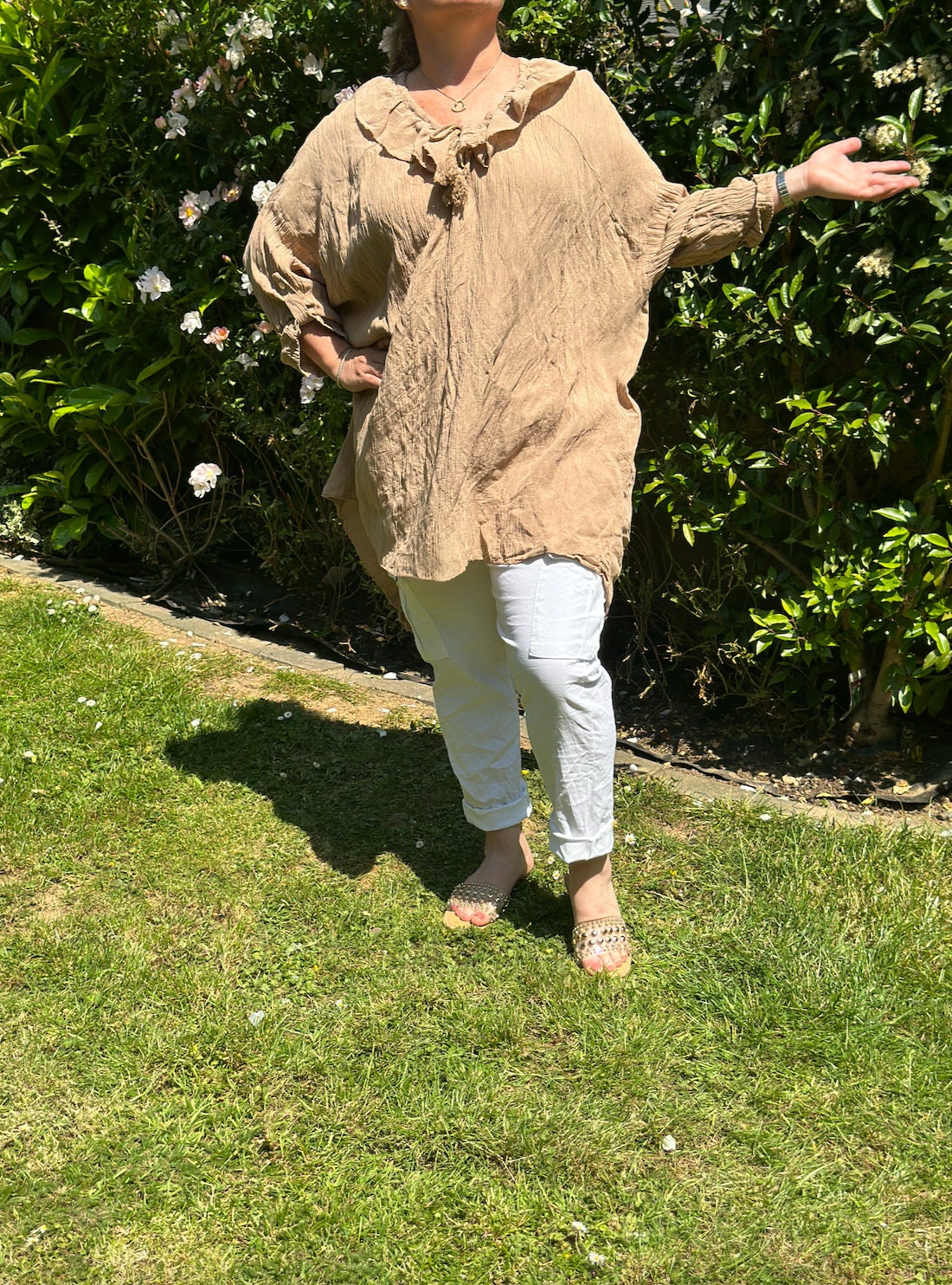 Plus Size Made in Italy Italian Shimmer Frill Neck Dip Hem Tunic, Top, Blouse