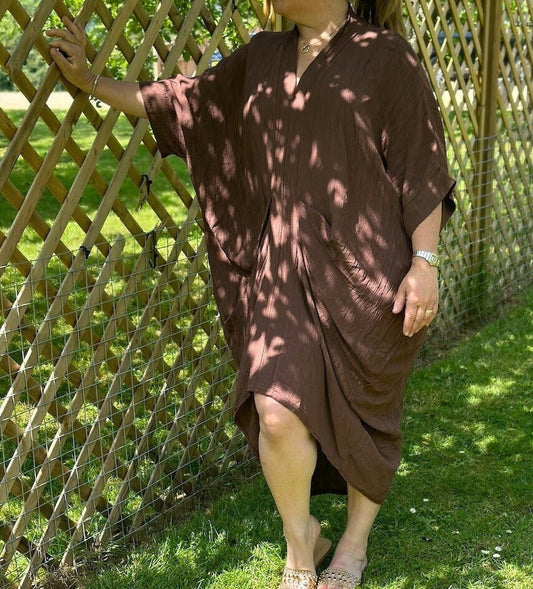 Curve Made in Italy Chocolate Shimmer Deep V Neck Tunic Dress, Beach Cover Up