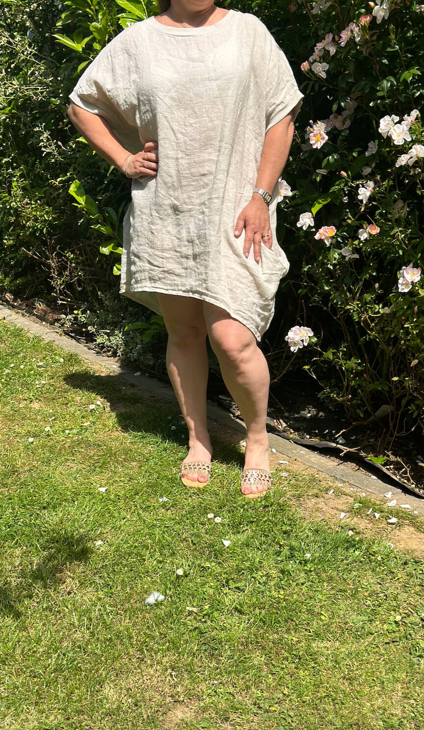 Curve Made in Italy Beige Lagenlook Linen Plain Baggy Tunic Top, Dress
