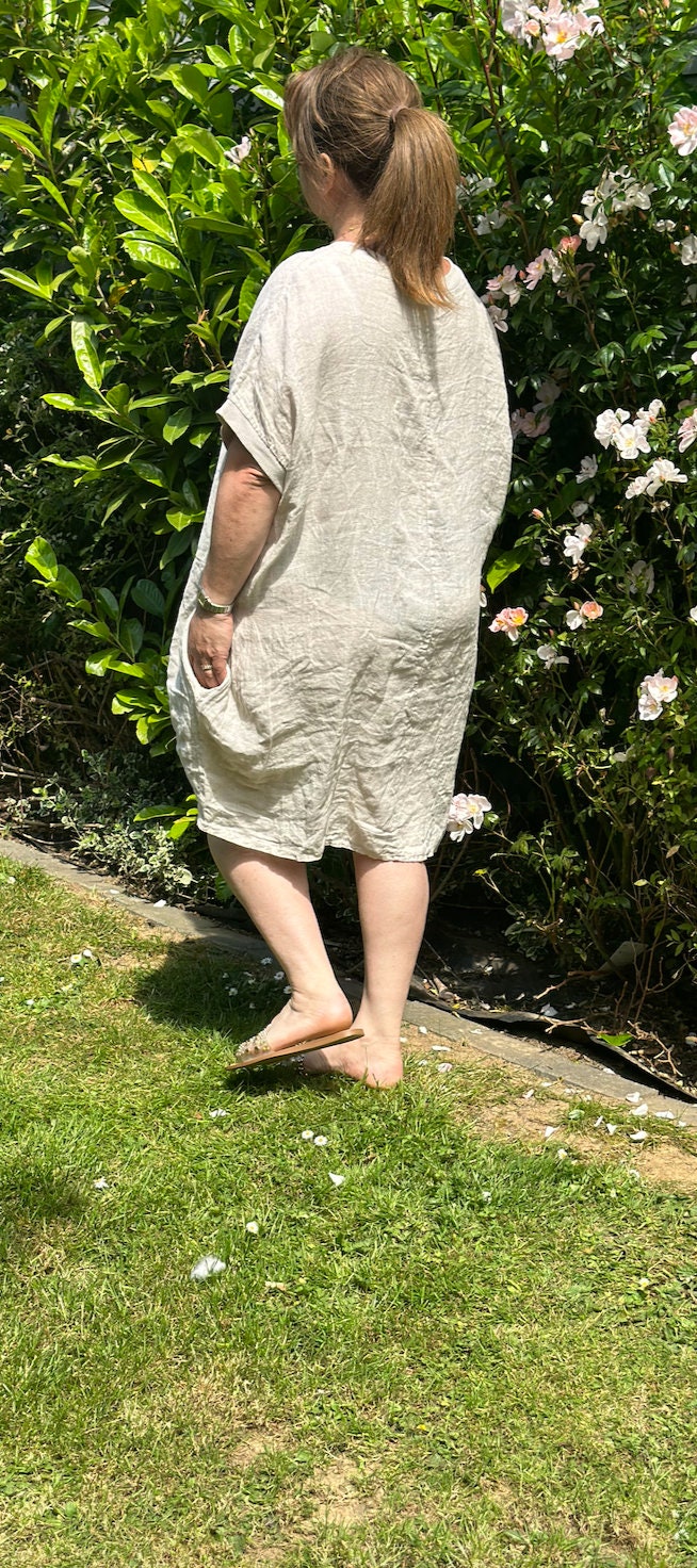 Curve Made in Italy Beige Lagenlook Linen Plain Baggy Tunic Top, Dress