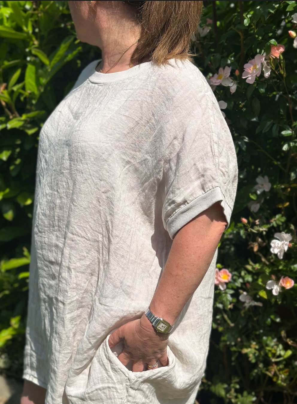 Curve Made in Italy Beige Lagenlook Linen Plain Baggy Tunic Top, Dress
