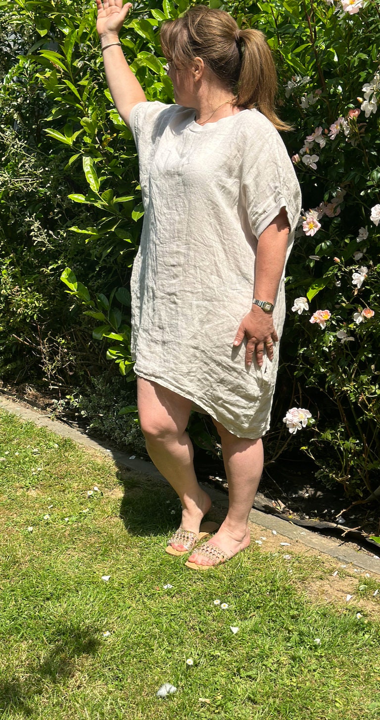 Curve Made in Italy Beige Lagenlook Linen Plain Baggy Tunic Top, Dress