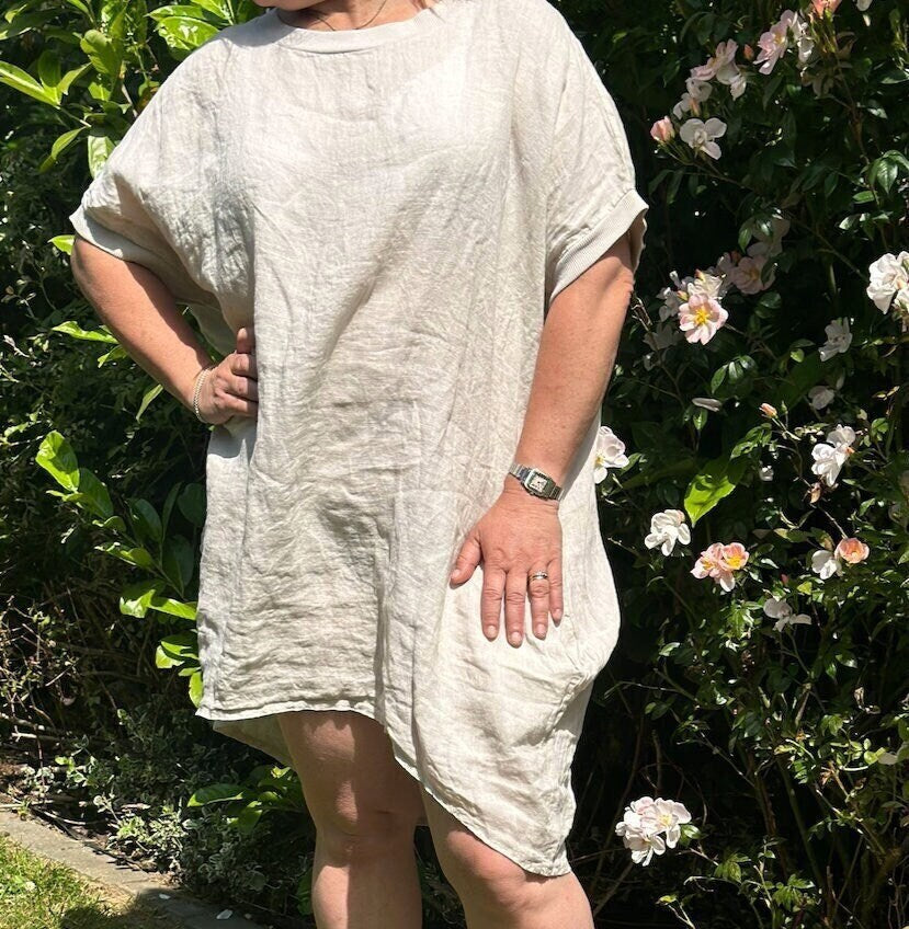Curve Made in Italy Beige Lagenlook Linen Plain Baggy Tunic Top, Dress
