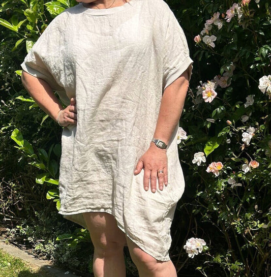 Curve Made in Italy Beige Lagenlook Linen Plain Baggy Tunic Top, Dress