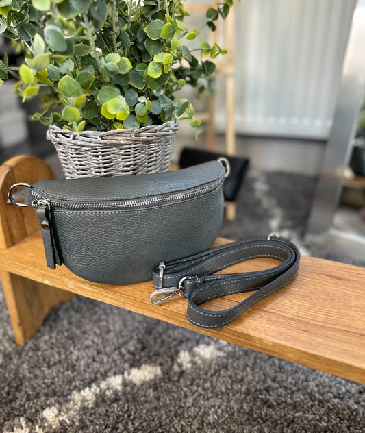 Made in Italy Grey Italian Leather Hip Bag Bum Bag Small Crossbody Bag