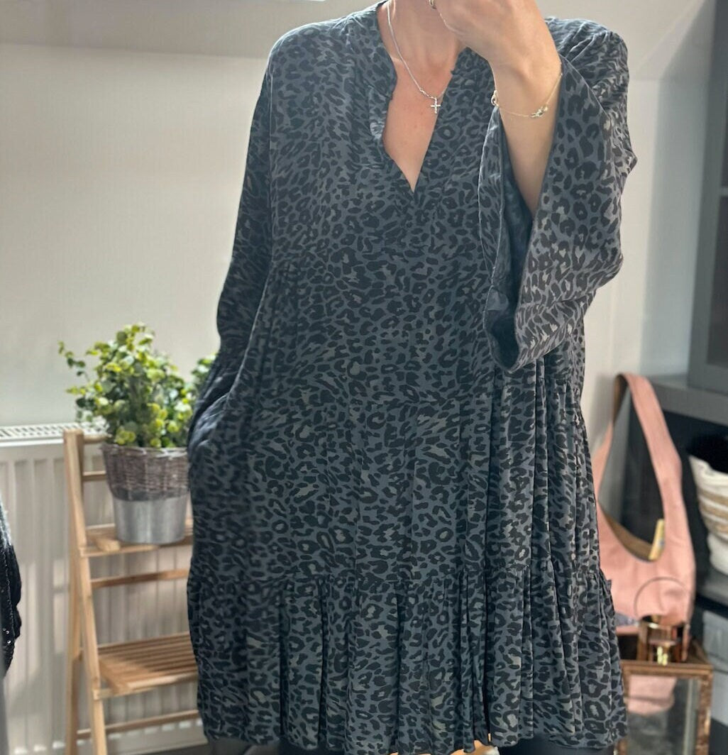 Made in Italy Black and Grey Small Leopard Sharp Digital Print Tiered Smock Dress, Shirt