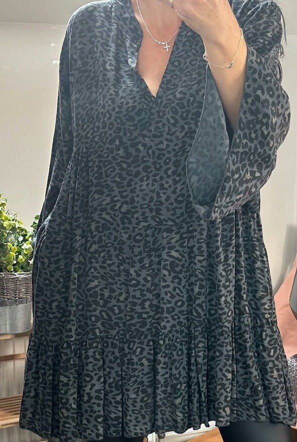 Made in Italy Black and Grey Small Leopard Sharp Digital Print Tiered Smock Dress, Shirt