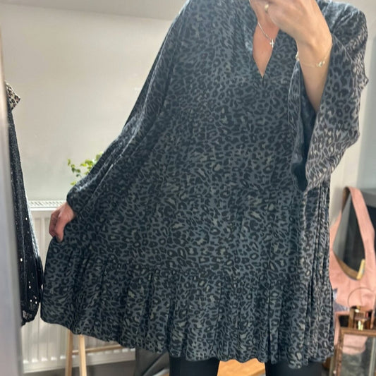 Made in Italy Black and Grey Small Leopard Sharp Digital Print Tiered Smock Dress, Shirt
