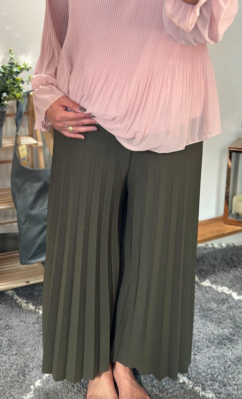 Made in Italy Khaki Culottes Wide Leg Chinos Pants Trousers, Mid Waist, Pleated Ankle-Length Comfort Plain
